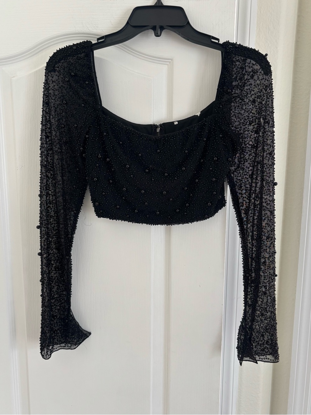 Women’s Black Beaded Long Sleeve Crop Top